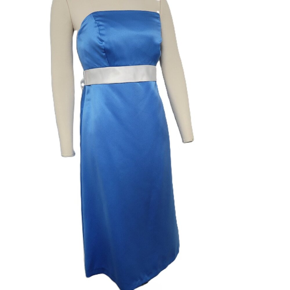 After Six Cornflower Blue Strapless Satin Empire Waist Midi Gown